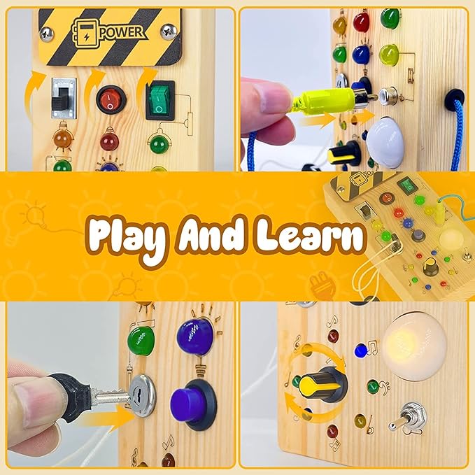 Wooden Busy Board for Toddlers - Montessori Sensory Board With 8 LED Light Switches